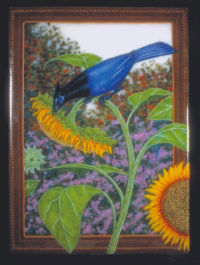 Bluejay Sunflower by glass artist Michael Dupille